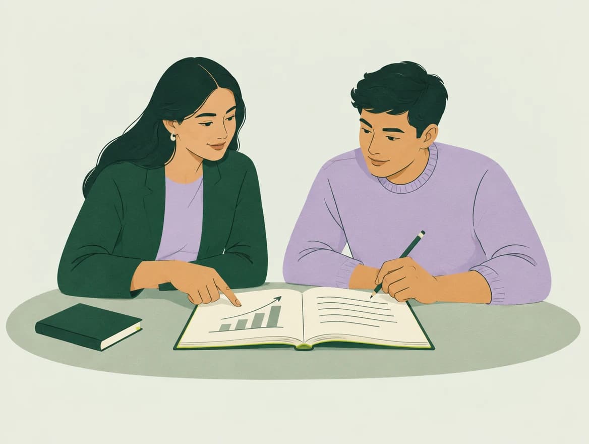 Illustration of a tutor and an adult learner exploring a notebook together